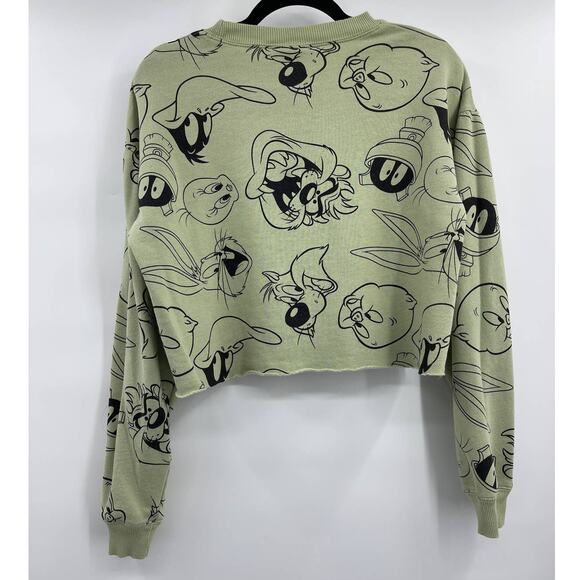 Looney Tunes Womens Bugs Bunny Daffy Duck Green Cropped Sweater Medium - Picture 2 of 11